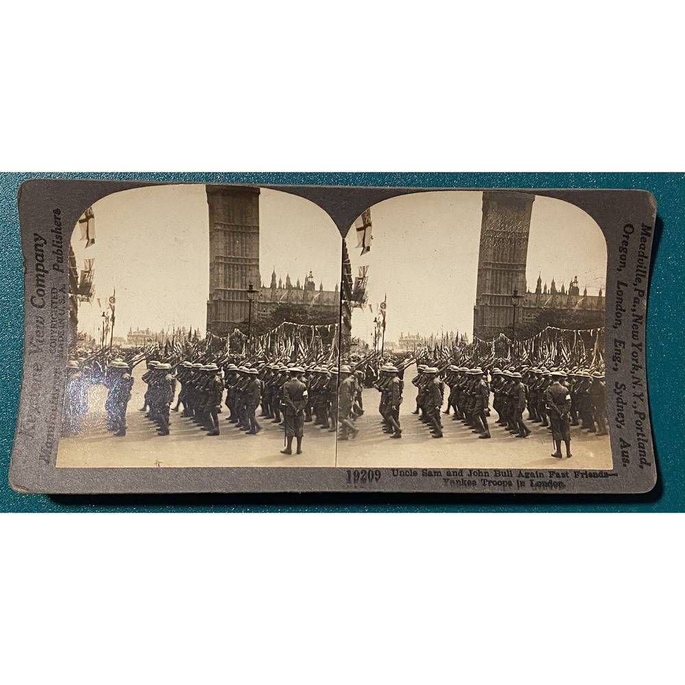 UNCLE SAM&FAST BULL AGAIN FRIENDS YANKEE TROOPS LONDON KEYSTONE STEREOVIEW WW1